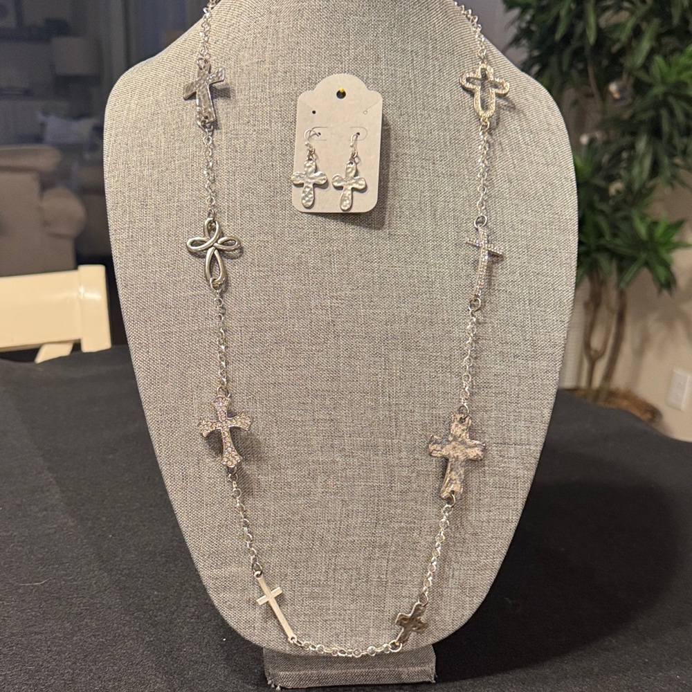 Silver Cross Necklace and Earring Set